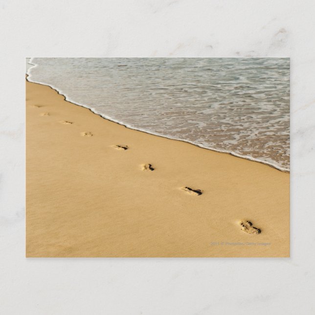 Carte Postale Empreintes de pieds dans le sable avec vague (Devant)
