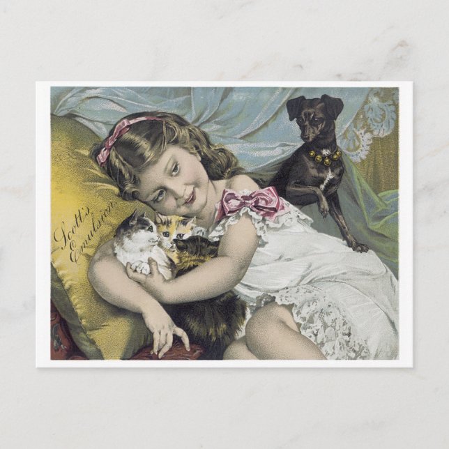 Carte Postale Emulsion écossaise petite fille avec chien et chat (Devant)