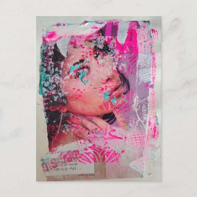 Carte postale en collage multimédia de femme à jet (Devant)