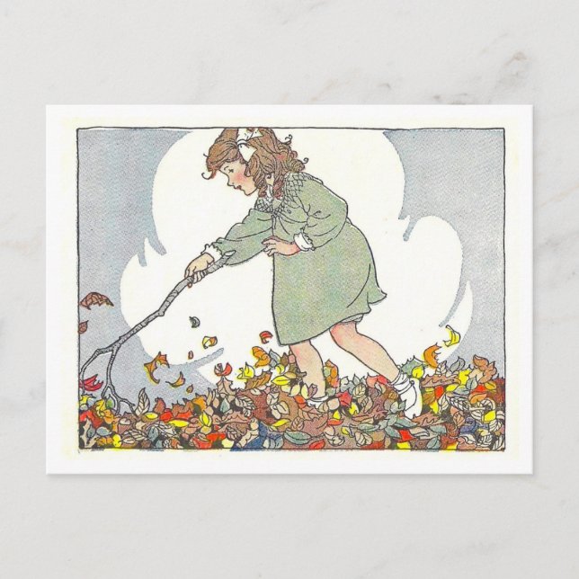 Carte Postale "En jouant dans les feuilles" Illustration d'autom (Devant)