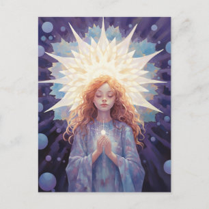 Carte Postale En Paix Méditant Yoga Fille Cristaux Bleu pourpre