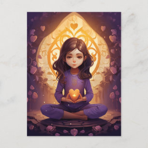 Carte Postale En Paix Plutôt Méditant Yoga Girl Purple Coeurs