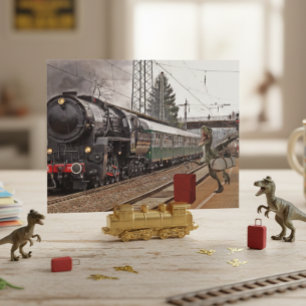 Carte Postale En retard pour le dinosaure rapaceur de train drôl