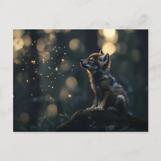 Carte Postale Enchanter le loup de bébé observer les lucioles (Devant)