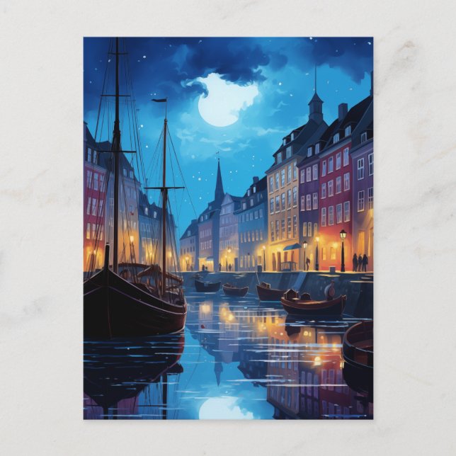 Carte Postale Enchanter Nyhavn Copenhague scène du canal de nuit (Devant)