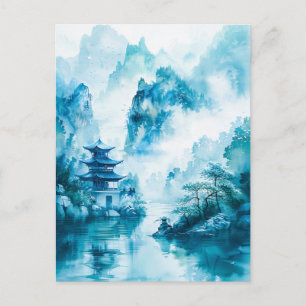 Carte Postale Encre aquarelle de paysage chinois sur un lac