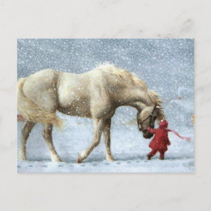 Carte Postale Enfant À La Tête D'Un Cheval Dans La Neige