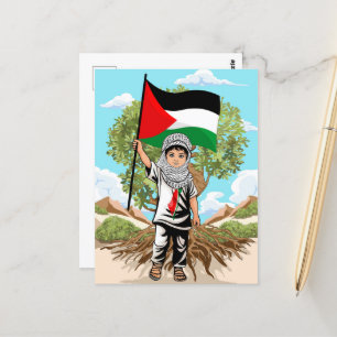 Carte Postale Enfant avec Keffiyeh Palestine Drapeau et olivier