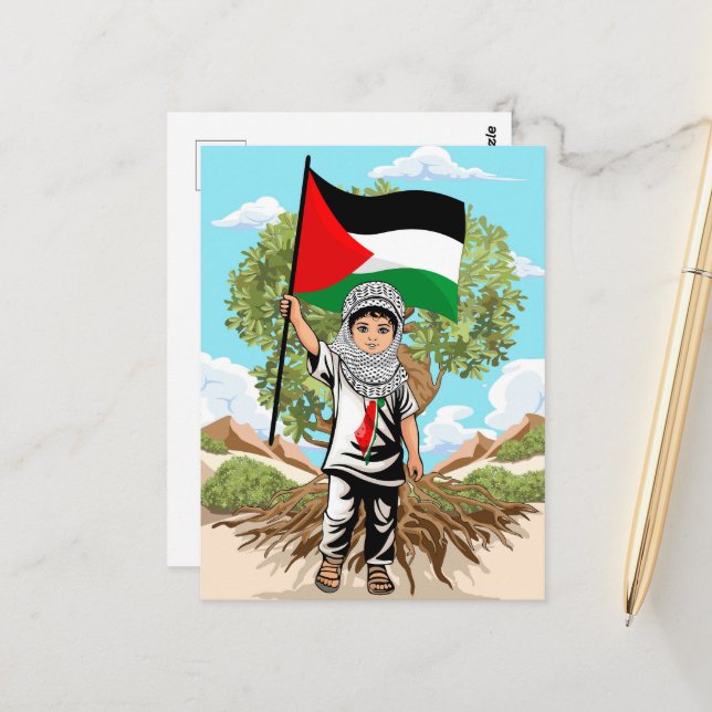Carte Postale Enfant avec Keffiyeh Palestine Drapeau et olivier (Devant/Arrière en situation)