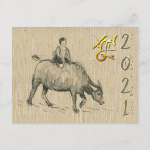 Carte Postale Enfant de buffle d'eau chinois Ox Année 2021 PostC