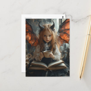 Carte Postale Enfant de l'ange foncé avec café et un livre