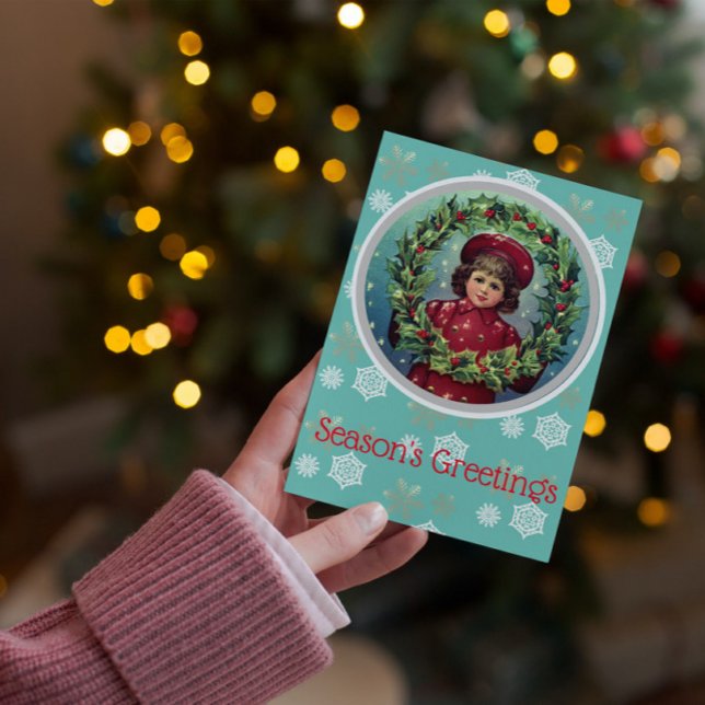 Carte Postale Enfant de Noël Vintage - Wreath Holly (Créateur téléchargé)
