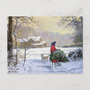 Carte Postale Enfant d'hiver vintage ramenant chez lui L'arbre
