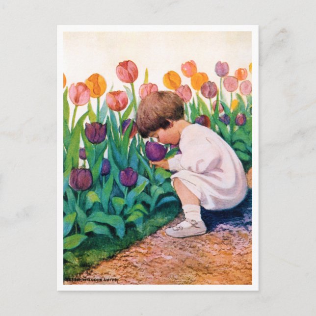 Carte Postale Enfant en Jardin aux fleurs de Tulip, Jessie Willc (Devant)