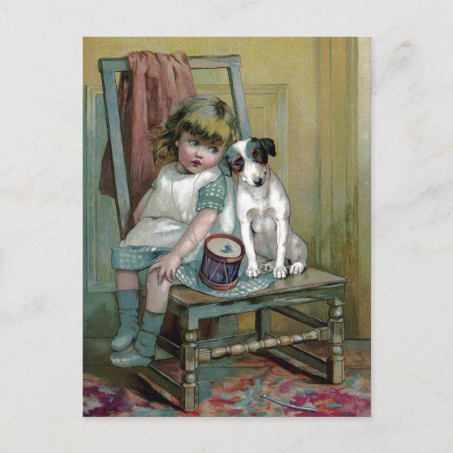 Carte Postale Enfant et chien victorien Mourn Drum cassé (Devant)