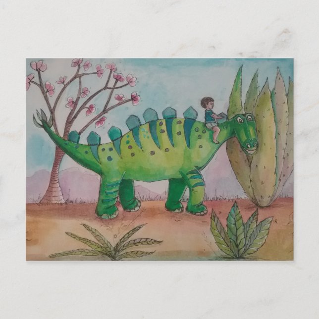 Carte Postale Enfant et son animal de compagnie dinosaure (Devant)