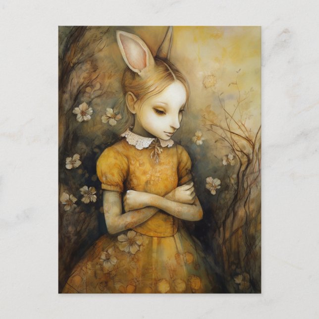Carte Postale Enfant lapin en robe florale jaune (Devant)