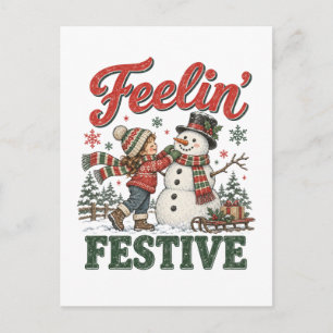 Carte Postale Enfant qui sent Noël Festif Bonhomme de Neige