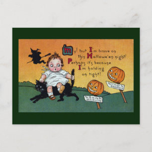 Carte Postale Enfant sur chats et panneaux JOL Halloween Vintage