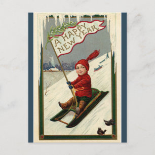 Carte Postale Enfant vintage Avec Drapeau Dormir Joyeux Nouvel A