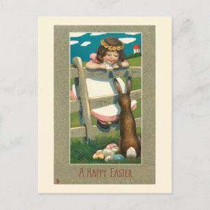 Carte Postale Enfant Vintage doux, lapin de Pâques et oeufs