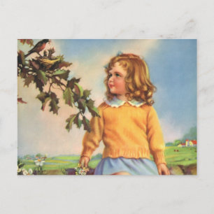 Carte Postale Enfant vintage, Fille observant les oiseaux dans l