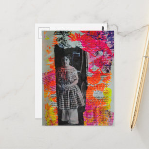 Carte Postale Enfant Vintage Fleurs Collage de Médias Mixtes
