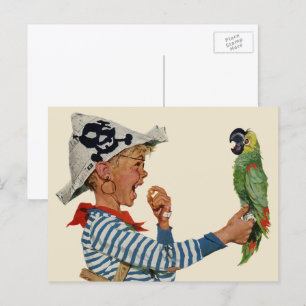 Carte Postale Enfant Vintage, Garçon Jouant avec un Perroquet Pi