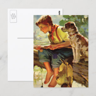 Carte Postale Enfant Vintage, Garçon Pêchant avec Son Chien de C