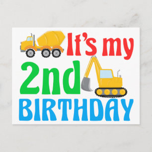 Carte Postale Enfants 2e anniversaire Boy Construction Véhicule