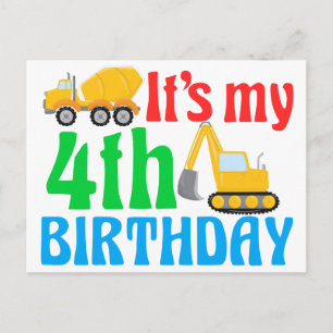 Carte Postale Enfants 4e anniversaire Boy Construction Véhicule