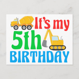 Carte Postale Enfants 5e anniversaire Boy Construction Véhicule