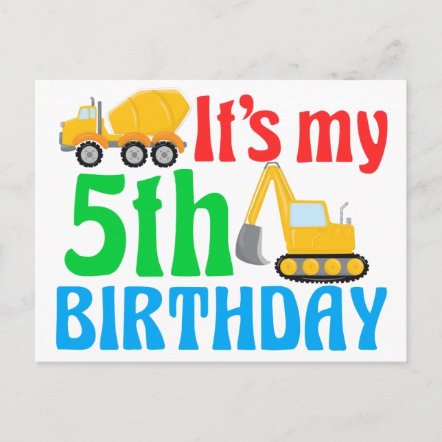 Carte Postale Enfants 5e anniversaire Boy Construction Véhicule (Devant)