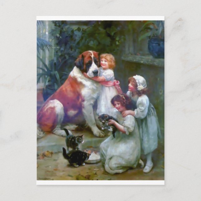 Carte Postale Enfants Animaux de compagnie Chien Chats Peinture (Devant)