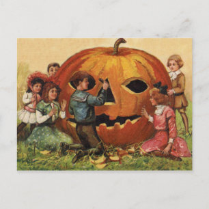 Carte Postale Enfants Carving Jack-o'-lantern Citrouille