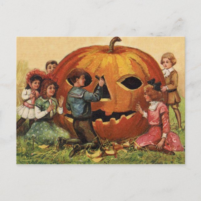 Carte Postale Enfants Carving Jack-o'-lantern Citrouille (Devant)