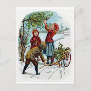 Carte Postale Enfants collectant Holly en hiver