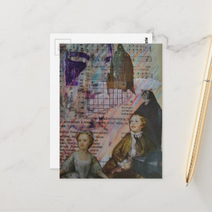 Carte Postale enfants danse chat oiseau cage feuille de musique 