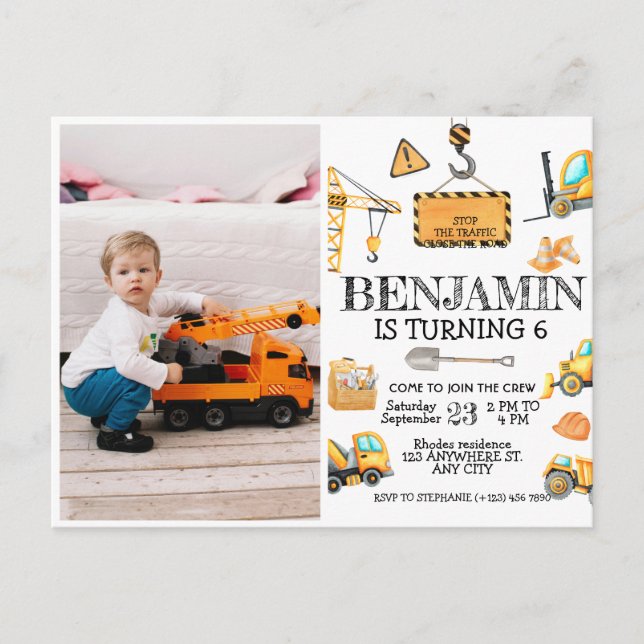 Carte Postale Enfants de camion de construction Fête d'anniversa (Devant)