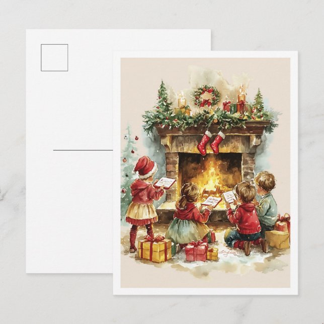 Carte Postale Enfants de Noël rétro nostalgiques (Devant / Derrière)