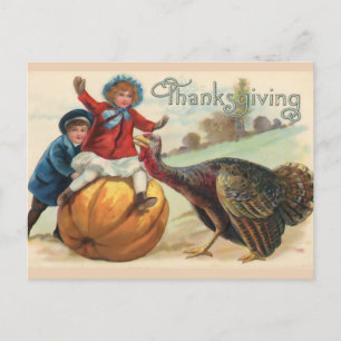 Carte Postale Enfants de Thanksgiving vintage avec Citrouille, T