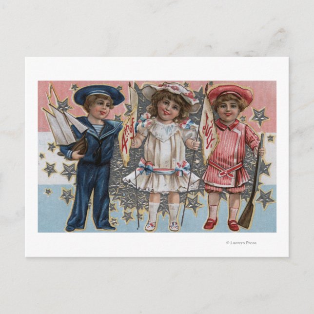 Carte Postale Enfants en bleu, blanc et rose (Devant)