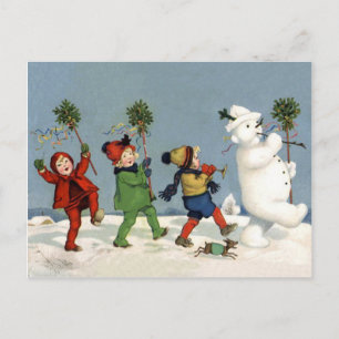 Carte Postale Enfants heureux marchant avec un bonhomme de neige
