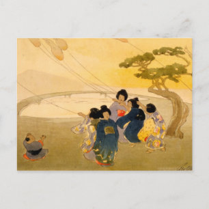 Carte Postale Enfants japonais faisant voler des cerfs-volants -