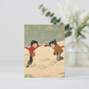Carte Postale Enfants japonais roulant une grosse boule de neige