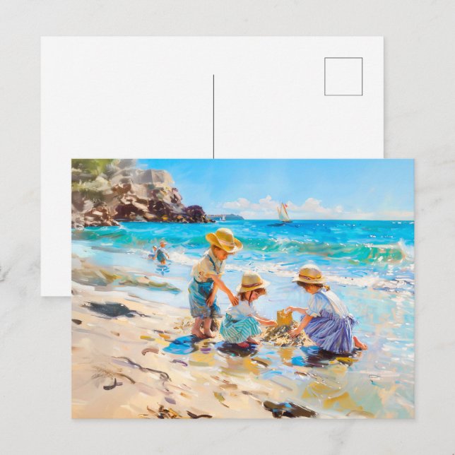 Carte Postale Enfants jouant sur la plage - Art impressionniste (Devant / Derrière)