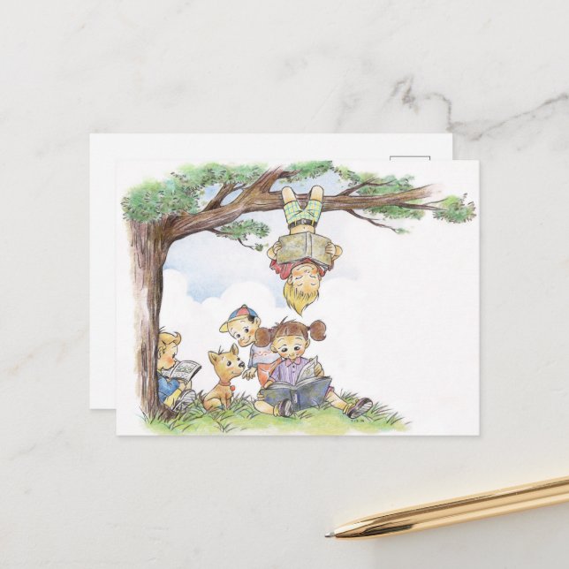 Carte Postale Enfants lisant sous un arbre (Devant/Arrière en situation)