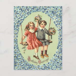 Carte Postale Enfants mignons balançoire bouquet de fleurs