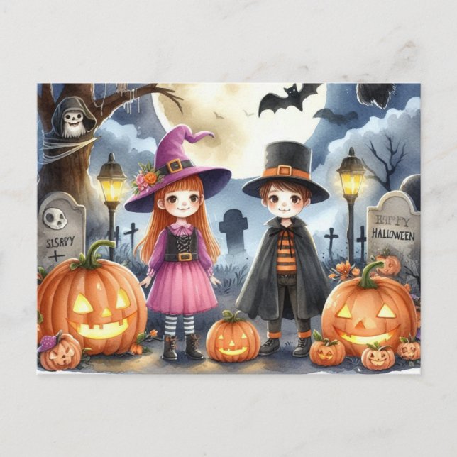 Carte Postale Enfants mignons d'Halloween à l'aquarelle (Devant)