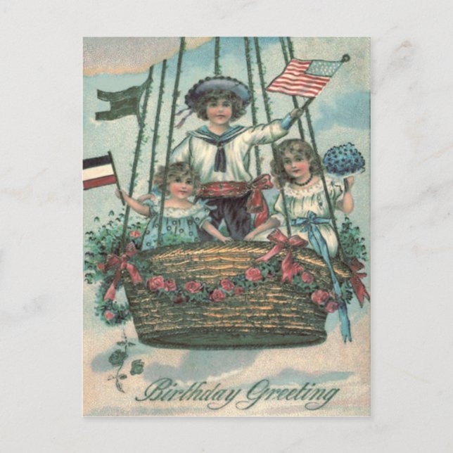 Carte Postale Enfants Mignons Montgolfière Roses (Devant)